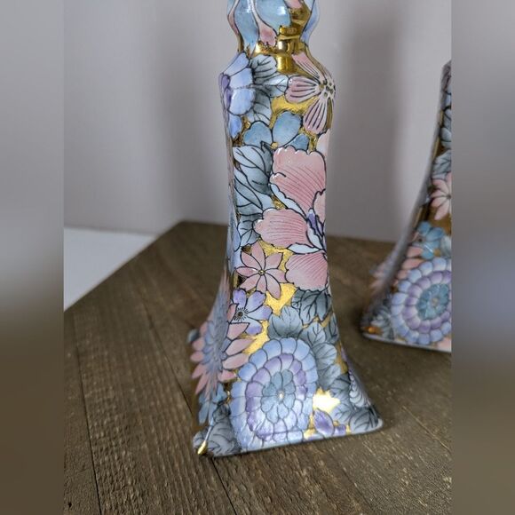 Vintage Toyo Japan Floral Candlestick Holders Pair 9" Tall Cloisonné Style Paste - Picture 5 of 9